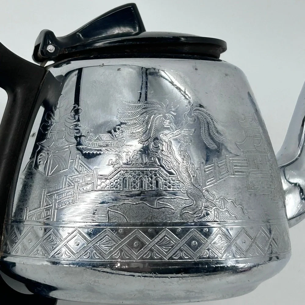 Vintage Swan Brand Willow Ware Chrome Teapot 6 Cup Engraved Pagoda Made England